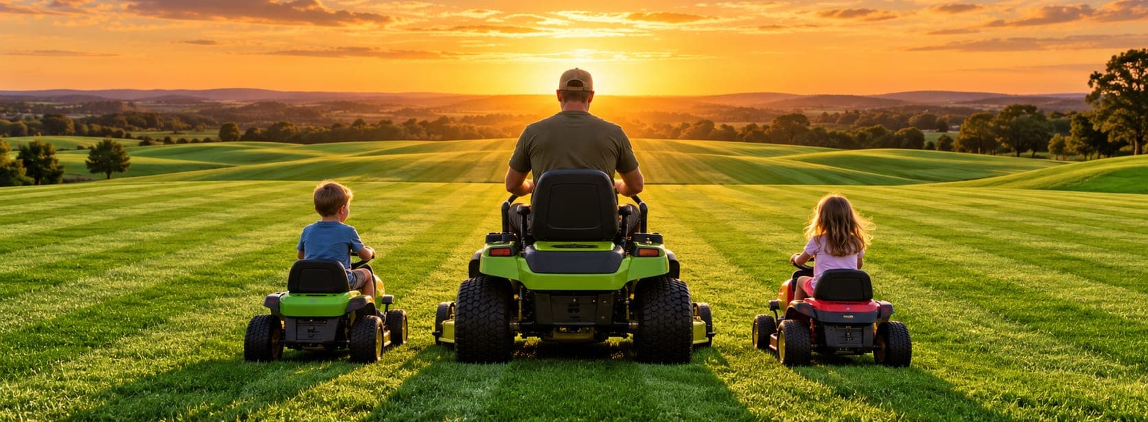 A freshly striped lawn at sunset, mown on a ride-on